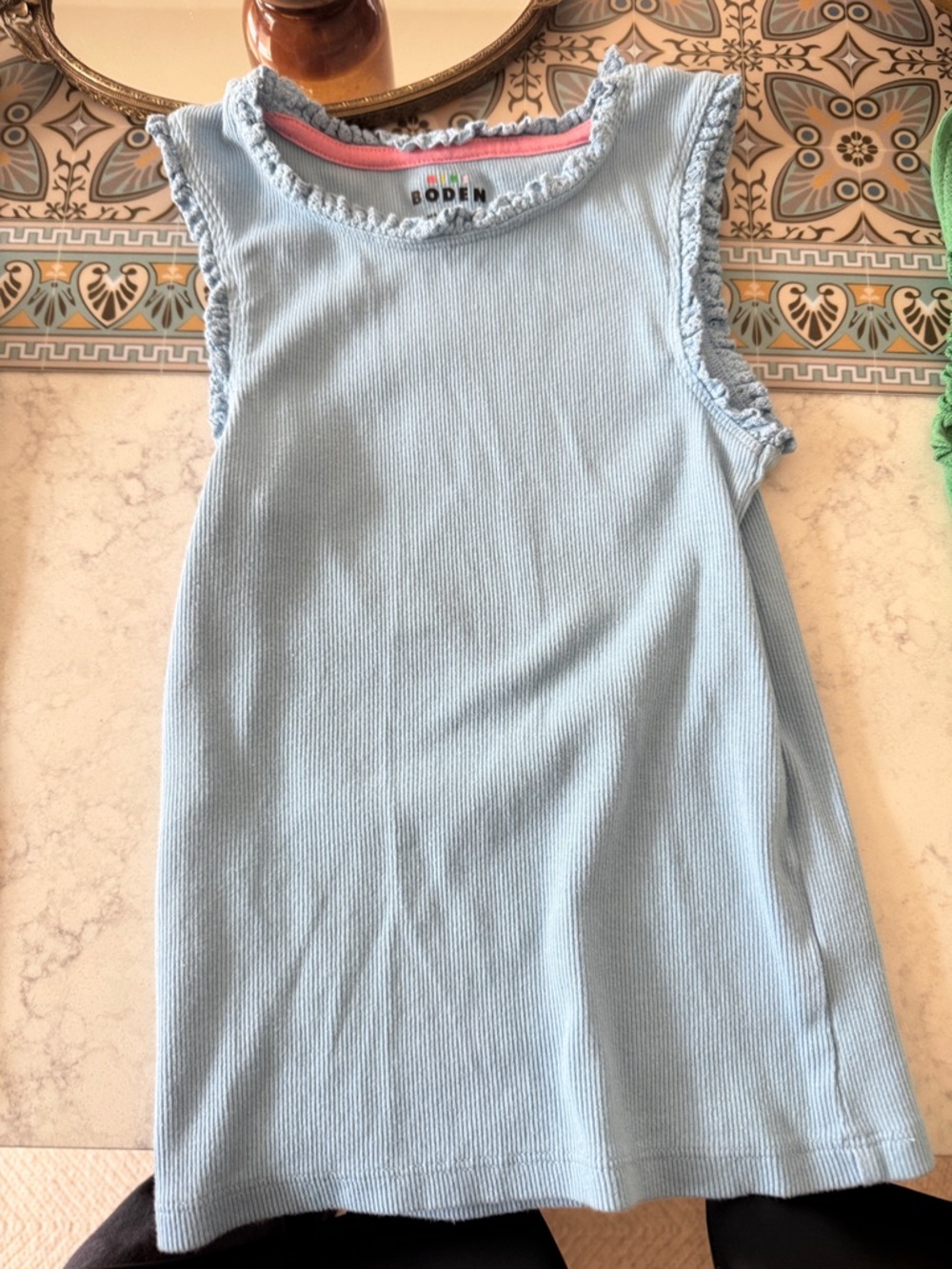 Mini Boden Light Blue Ribbed Tank with Ruffle Trim